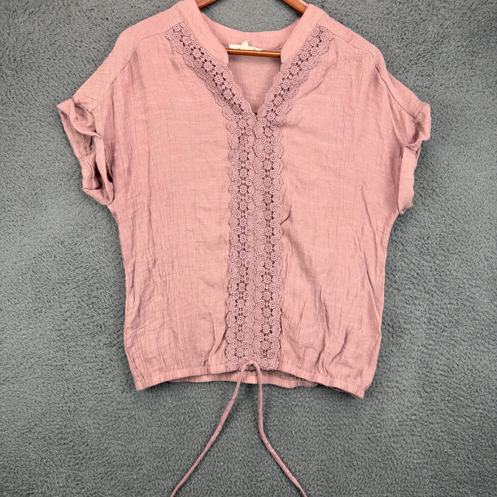 Parallel Skies Womens Large Mauve Gauze Crochet Lace V-Neck Dolman Sleeve Top